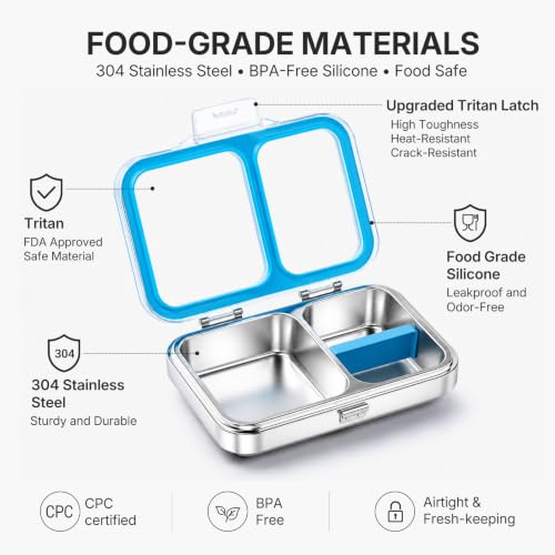 Leak-Resistant 18/8 Stainless Steel Bento Lunch Box Kids 7+ and Adults Blue