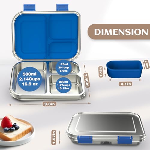 BABHAMNESS Stainless Steel Bento Box Kids, 3 Compartments Leak Proof Metal Bento Lunch Box, 304 Stainless Steel Bento Lunch Containers for School and Office,Dishwasher Safe, BPA-Free-Blue Blue
