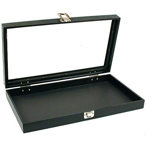 White glass top jewelry display case with 50 small gem jars and trays, ideal for organizing and showcasing jewelry pieces.