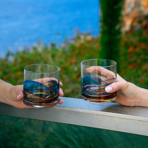 Victoria Barcelona Whisky Glasses Set 2 Turquoise Sea Edition | Hand-Painted & Mouth-Blown Art Glass | Inspired by the Mediterranean Gaudí’s Vision | Elegant Gift for Whisky Lovers Special Occasions