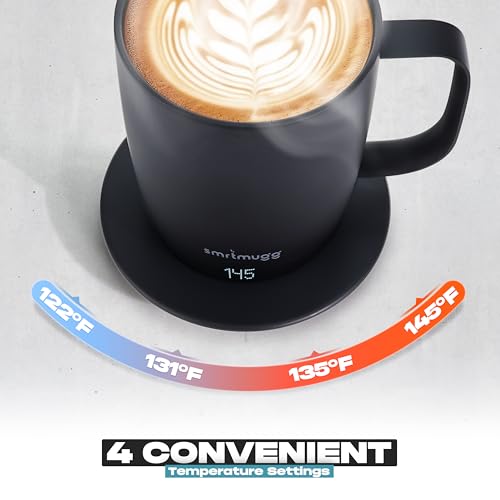SMRTMUGG PRO 14 oz. Self-Heating Coffee Mug – 4-Hour Battery Life, Adjustable Temperature Control, LCD Display, One-Touch Adjustment, Magnetic Slider Lid – Keep Your Coffee Hot for Hours! Black