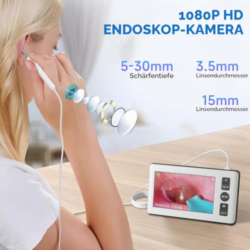 Ear Cleaner Camera, 4.3 Inch 1080p HD Professional Ear Wax Remover Otoscope with 6 LED Endoscope, 3.5 mm Ear Camera with 64G Children's and Adult Card, Plug and Play