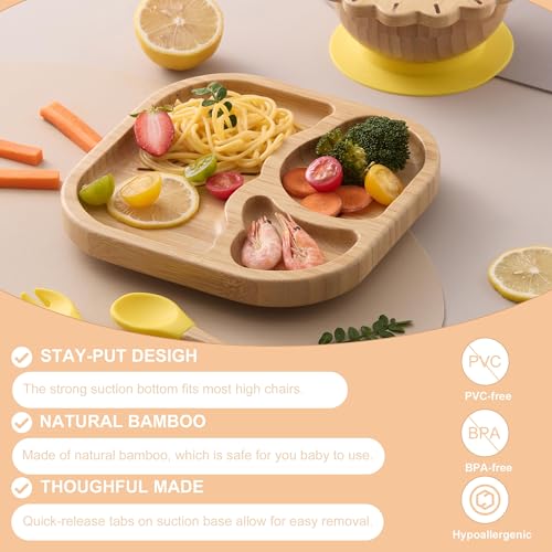 Suction Plates Bowls Set for Baby Toddler Non-Toxic Bamboo Feeding Set with Silicone Fork & Spoon (Yellow Feeding Set) Yellow Feeding Set
