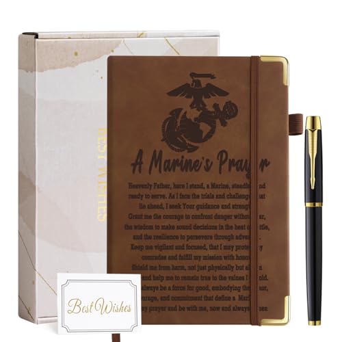 Marine Gifts Marine Corps Gifts for Men Religious Gift Military Leather Journal Notebook 200 Pages A5 Lined with Inner Pocket and Pen Appreciation Inspiration Gift for Marine Military Brwon
