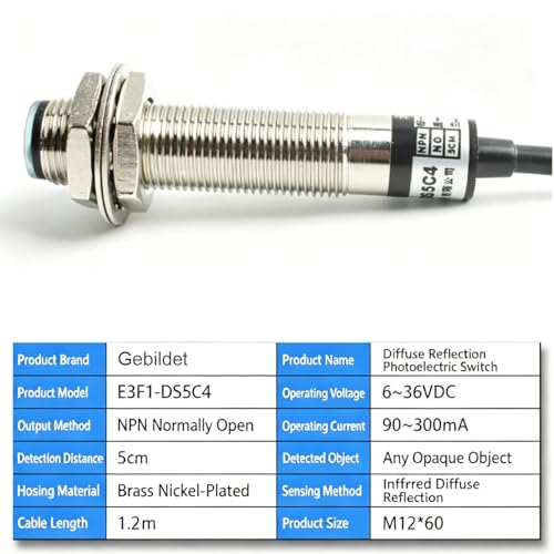 Gebildet M12 Diffuser Photoelectric Sensor E3F-DS5C44, DC 6-36V/0.15A NO Infrared Proximity Switch, 5 cm Detection Distance, Non-Transparent Object Detection Photoelectric Switch E3F1-DS05C4