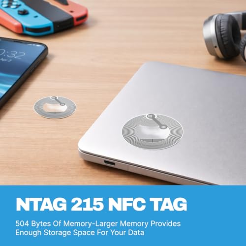 Pack of 60 NFC Tag Stickers - Rewritable Ntag215 Stickers - 504 Bytes Memory - Self Adhesive & Waterproof - Compatible for All NFC Enabled Phones and Devices - 25mm Diameter