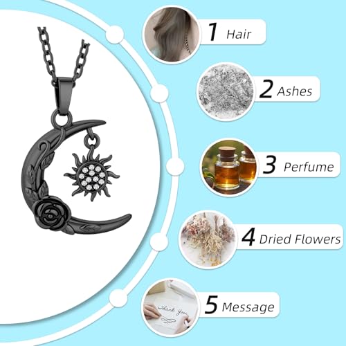 Cremation Jewelry for Ashes Pendant Urn Necklace Moon and Sun and Rosewith Mini Keepsake Human for Women Men Loved Ones Black
