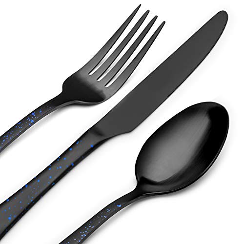 O.C.E. Matte Black Silverware Set, Stainless Steel Flatware, 20-Piece Tableware Cutlery Service for 4, Satin Finish Utensils, Dishwasher Safe (Starry Blue) Matte Black(Starry Blue)
