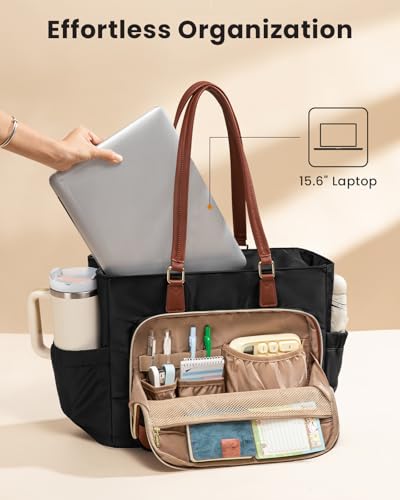 LOVEVOOK Lunch Tote Bag for Women, Work bag with Insulated Lunch Compartment, 15.6 Inch Laptop bag with Cup Holder Large Lunch Bag Purse for Teacher, Nurse, Office, Travel, College, Daily Black-brown-Beige 17.3 inch