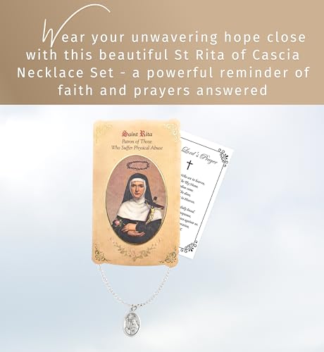 St Rita of Cascia Necklace - Saint Rita of Cascia Medal with 18 Inch Curb Chain, St Rita Medal Silver Pendant with St Rita Prayer Card, The Lord's Prayer Card - Catholic Jewelry Set, 3 Items