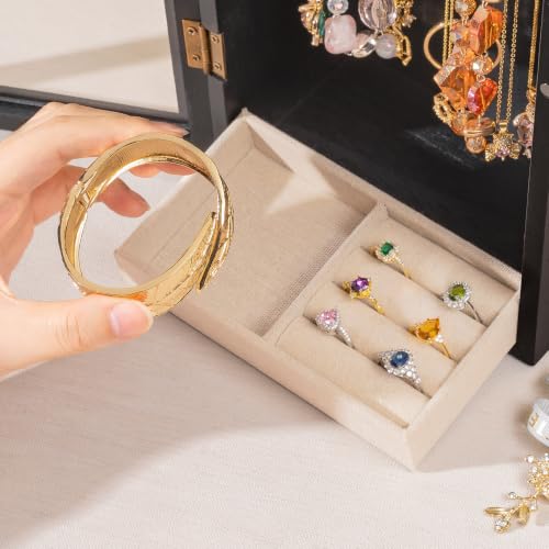 Black wooden jewelry box with rotating hooks for necklaces and jewelry organization by SINGBLA.