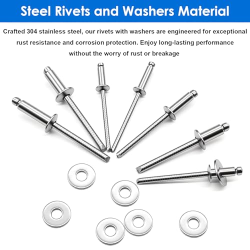 Seept 240-piece 304 stainless steel blind rivets with washers assortment kit in seven sizes, silver finish