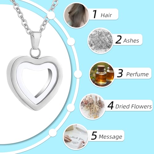Glass Heart Cremation Urn Necklace for Ashes Stainless Steel Memorial Ash Pendant Keepsake Jewelry Cremation Jewelry for Women Silver