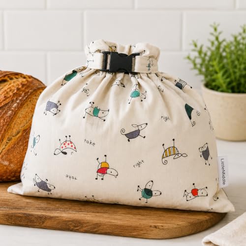 2 XL Beeswax Bread Bags for Homemade Bread, Reusable Cotton and Beeswax Storage for Sourdough or Artisan Loaves, Keeps Bread Fresh Longer, Freezer Safe, 12.5" x 16.5" Cream with Dog Print