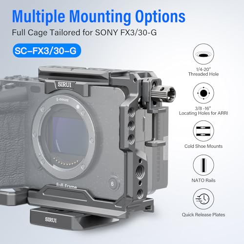SIRUI Camera Cage for Sony FX 3 FX30 with Wrist Strap Cable Clamp for HDMI NATO Rail, QR Plate for Arca-Swiss, Compatible with Sony XLR Handle and Compatible with DJI RS2 RS3 Gimbal, Grey Cage+Wrist Strap