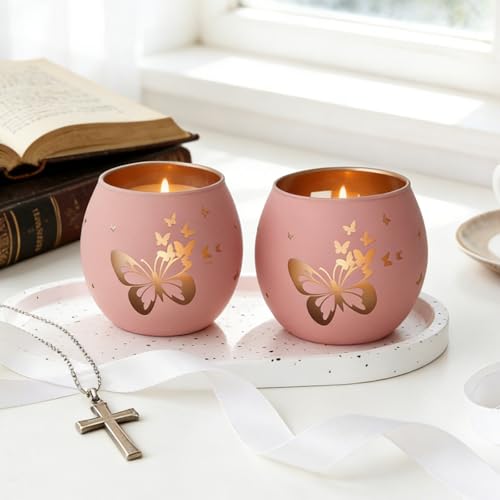 Pink Butterfly Cross Candle Holders 2Pcs Religious Christian Gifts Butterfly Pink
