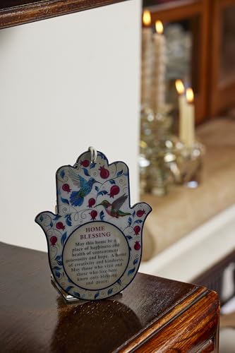 Epoxy Hamsa English Home Blessing 7.5" with Red Pomegranates Motif - Good Luck Hamsa Hand Wall Hanging Decor, Evil Eye Protection Amulet Set 7
