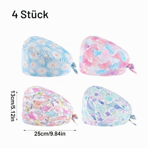 Pack of 4 Surgical Caps with Buttons, Cotton Nurse with Sweatband, Bandana Work Caps, Adjustable Surgical Hat for Women and Men (B) B