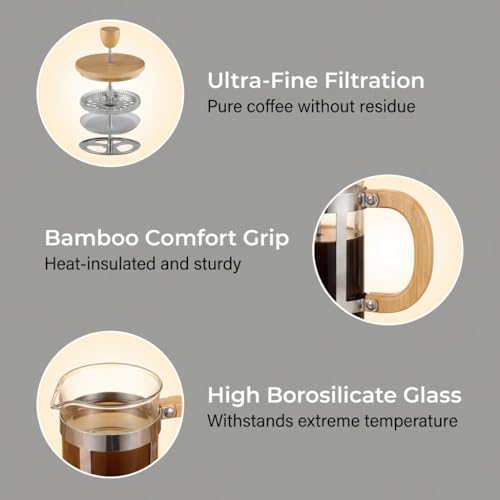 Sivaphe 12 oz French Press Coffee/Tea Maker Single Cup Espresso Press Stainless Steel Filter 0.35L High Borosilicate Carafe Durable Bamboo Handle Small Coffee Maker 12 oz Bamboo