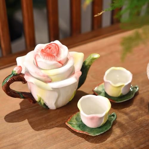 Ceramic Mini Rose Tea Pot Set, 3D Hand-painted Flower Cup and Leaves Saucer, Set of 5