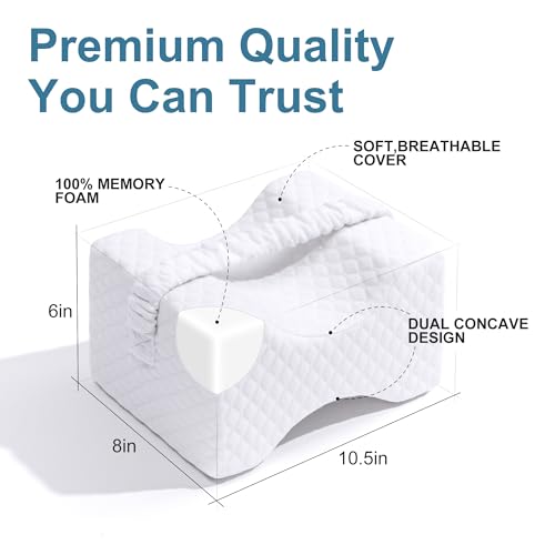 UJPFEO Knee Pillow for Side Sleepers,Memory Foam Leg Support Pillow for Sleeping Comfort,Knee Cushion for Hip,Knee,Back and Sciatica Relief,Helps Align Spine,White,with Strap White