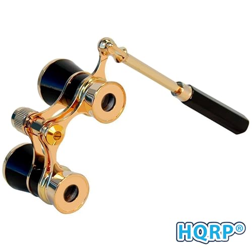 HQRP 3 x 25 Opera Glasses Theater Binoculars, Black with Gold Color Trim, w/Built-in Extendable Handle, Crystal Clear Optics (CCO), for Adults Kids Women in Musical Concert, Gift Box
