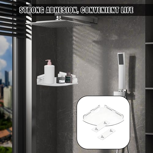 Two acrylic corner shower caddies by MOSIOBERDAVIAN, no-drill bathroom shelves for convenient storage.