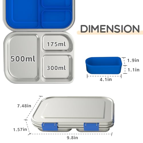 BOSEDSANG Stainless Steel Kids Leak-Resistant Bento Lunch Box, 3-Compartments with Silicone Container, Dishwasher-Safe, Child-Friendly Design for School, Picnics & Travel,BPA-Free (Blue) Blue