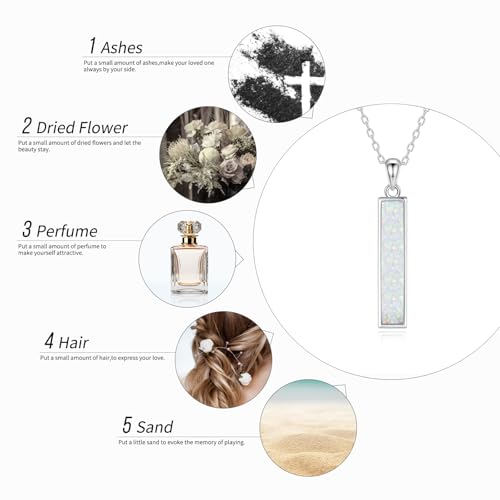 BEILIN Urn Necklaces for Ashes Sterling Silver Vertical Bar Pendant Necklace Cube Memorial Ashes Necklace Opal Cremation Urn Pendant for Women Opal vertical bar
