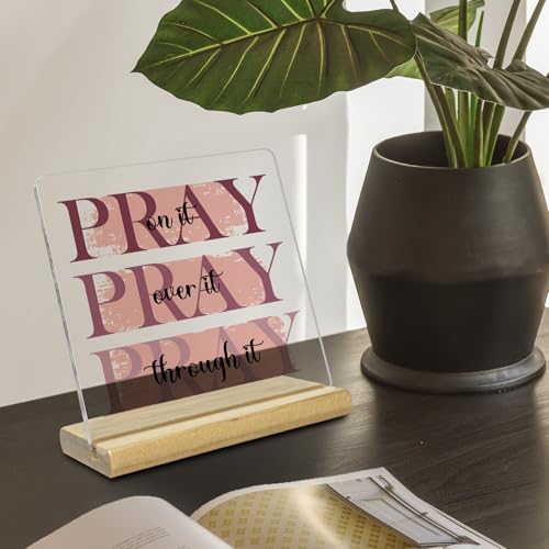 Pink Christian Gifts for Women, Pray on it, Pray over it, Pray through it, Religious Gifts Acrylic Desk Decor Sign Green