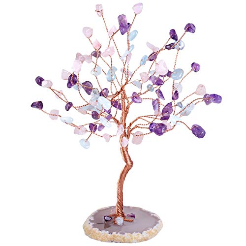 SUNYIK Amethyst/Rose Quartz/Aquamarine Crystal Tree with Agate Slice Base 5''-6.7'' Purple/Pink/Blue