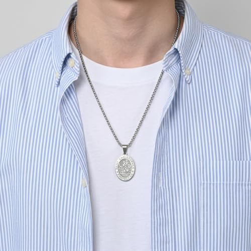 Stainless Steel Oval Virgin Mary Saint Benedict Michael Christopher Benedict Jude Raphael Joseph Pendant Necklace for Men & Women - Catholic Miraculous Medal Sliver Saint Christopher