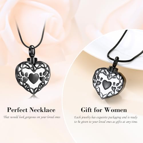 Minicremation Cremation Jewelry Heart Urn Necklace for Ashes with Double Paw Print Stainless Steel Love Heart Necklaces Memorial Ash Pendant Keepsake Jewelry Black