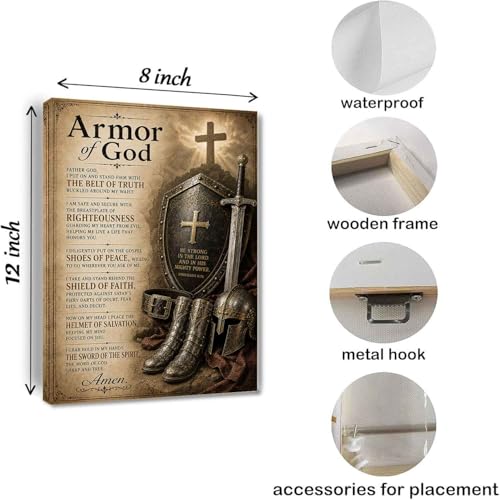Armor of God Wall Art Christian Canvas Print, Full Armor of God Poster, Religious Wall Decor, Faith Inspired Scripture Art, Spiritual Gift for Men Women, Christian Home Decor Living Room Bedroom Framed 8*12 inch 12"L x 8"W