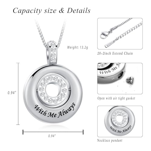XSMZB Circle of Life Memorial Urn Necklace with Zircon Cremation Jewelry for Ashes of Loved One With Me Always Ashes Keepsake Pendant Silver