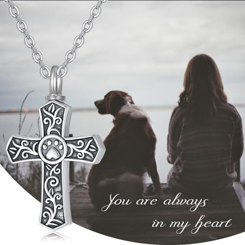 TANGPOET Cross Ashes Necklace 925 Sterling Silver Black Urn Necklace, Cremation Jewelry for Ashes Pendant, Gifts for Men Women Dog Paw