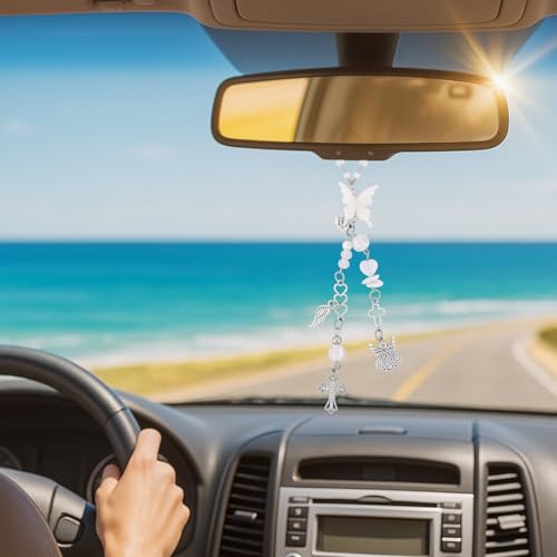 Angel Cross Rearview Mirror Charm Crystal Angel Wing Hanging Chain Angel Cross