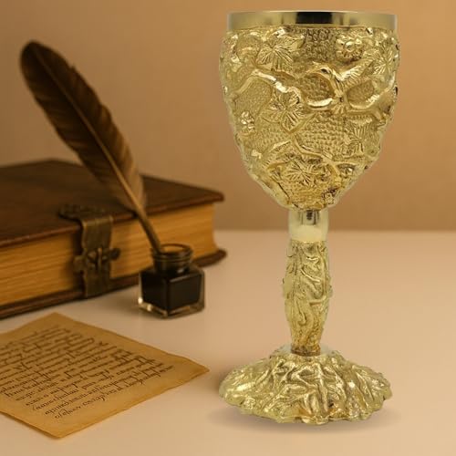 Emboss Floral Handcrafted Medieval Gold Plated Brass Chalice 6 oz| Handcrafted Cup Set For Spiritual Gifts, Fantasy Decor, or Game Night Collectors|Royal Drinking Glass