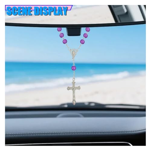 Craedli 2PCS Rosary Car Rear View Mirror Charm, Personalized Medal and Cross Automotive Interior Pendant, Universal Vehicle Mirror Hanging Ornament Accessories for Women Men(Purple) Purple