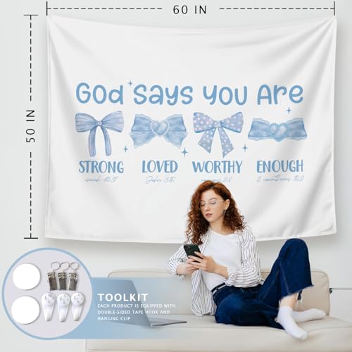 LIANGW Preppy Blue Bow Christian Tapestry, God Says You Are Inspirational Scripture Wall Art, Bible Bow Aesthetic for Girls Bedroom for Dorm Room, Based Blue Room Decor Aesthetic 50x60 inch 03 - God Says You Are(blue01)