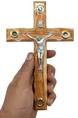Zuluf 7.8" Catholic Wall Crucifix Olive Wood Cross with Metal Jesus Corpus – Handmade Christian Wall Hanging with Holy Land Elements & Certificate – Bethlehem Religious Gift CRS043 7.9"L x 4.7"W