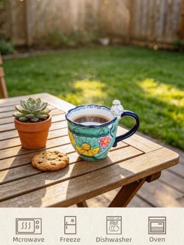 silesia 16 oz Hand Painted Ceramic Coffee Cup (Flowers Green) Flowers Green