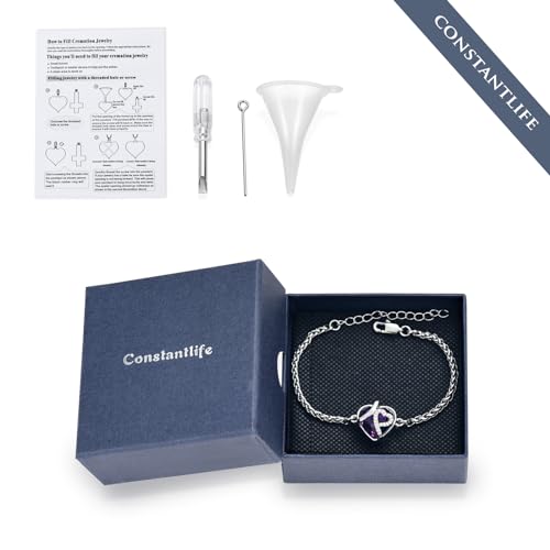 constantlife Heart Shape Urn Bracelet for Ashes for Women Stainless Steel Crystal Cremation Keepsake Adjustable Link Bangle Loved Ones Memorial Jewelry Gift Silver-Purple