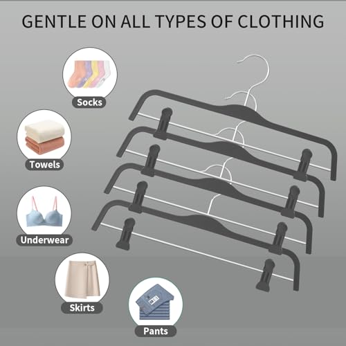 Set of 10 HUADYMEET 14-inch gray skirt hangers with adjustable clips, ideal for organizing pants and skirts efficiently.