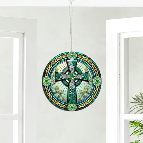 FLAGWIX Irish Gifts for Women, Celtic Cross Suncatcher Ornament 8 in Green - Celtic Cross