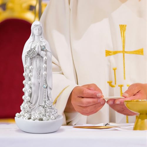 Qunclay Virgin Mary Rosary Holder 7.8"H Mary Statue with White Cross Rosary