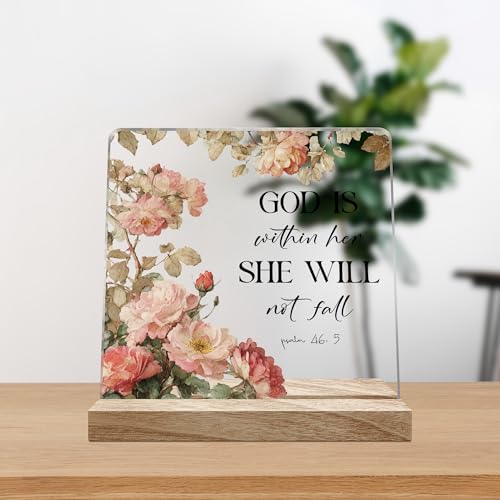 Inspirational Rustic Christian Desk Decor Gifts for Women, God is Within Her She Will Not Fall Motivational Gifts