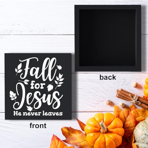 Woght Cute Fall Decoration for Home, Fall for Jesus He Never Leaves Sign Home Decor Leaves Decorations Sign, Autumn Office Desk Table Cubicle Shelf Decor 5 X 5 Inch (Black) Fall12 5 inches by 5 inches