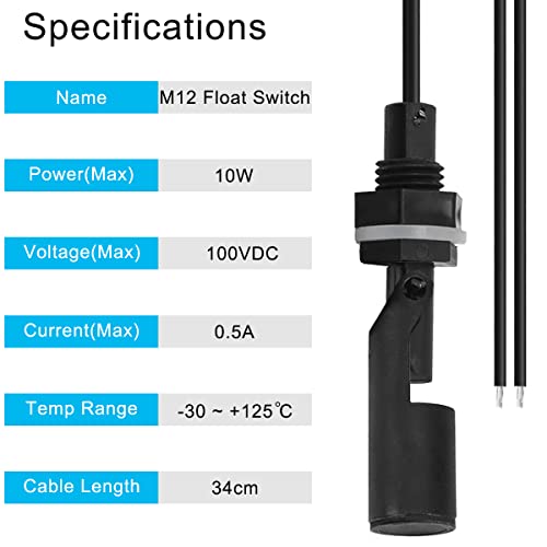 Float Switch, Water Liquid Level Sensor Side Mount Horizontal Water Pump Controller Float Switch for Aquariums Fish Tank Hydroponics Pool, M12, Black, 6 Pcs