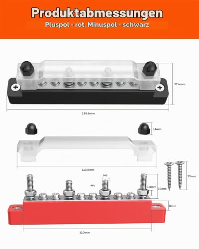 Busbar Distribution Block 12V 150A Power Distributor Pack of 2 | 6 x M4 and 4 x M6 Terminal Bolts, 12 V Distribution Block with Cover, for Car Boat Marine Solar RV DC Copper Set 6 x M4 & 4 x M6 Klemmenbolzen